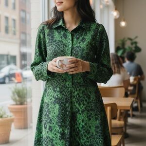 Elegant Green Patterned Long Sleeve Dress